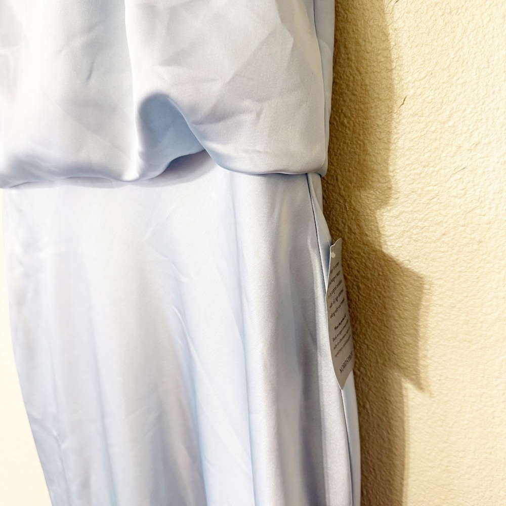 NEW Amsale Fluid Satin Draped Neck Dress in Ice Blue BHLDN Gown Asymetrical - Picture 7 of 10